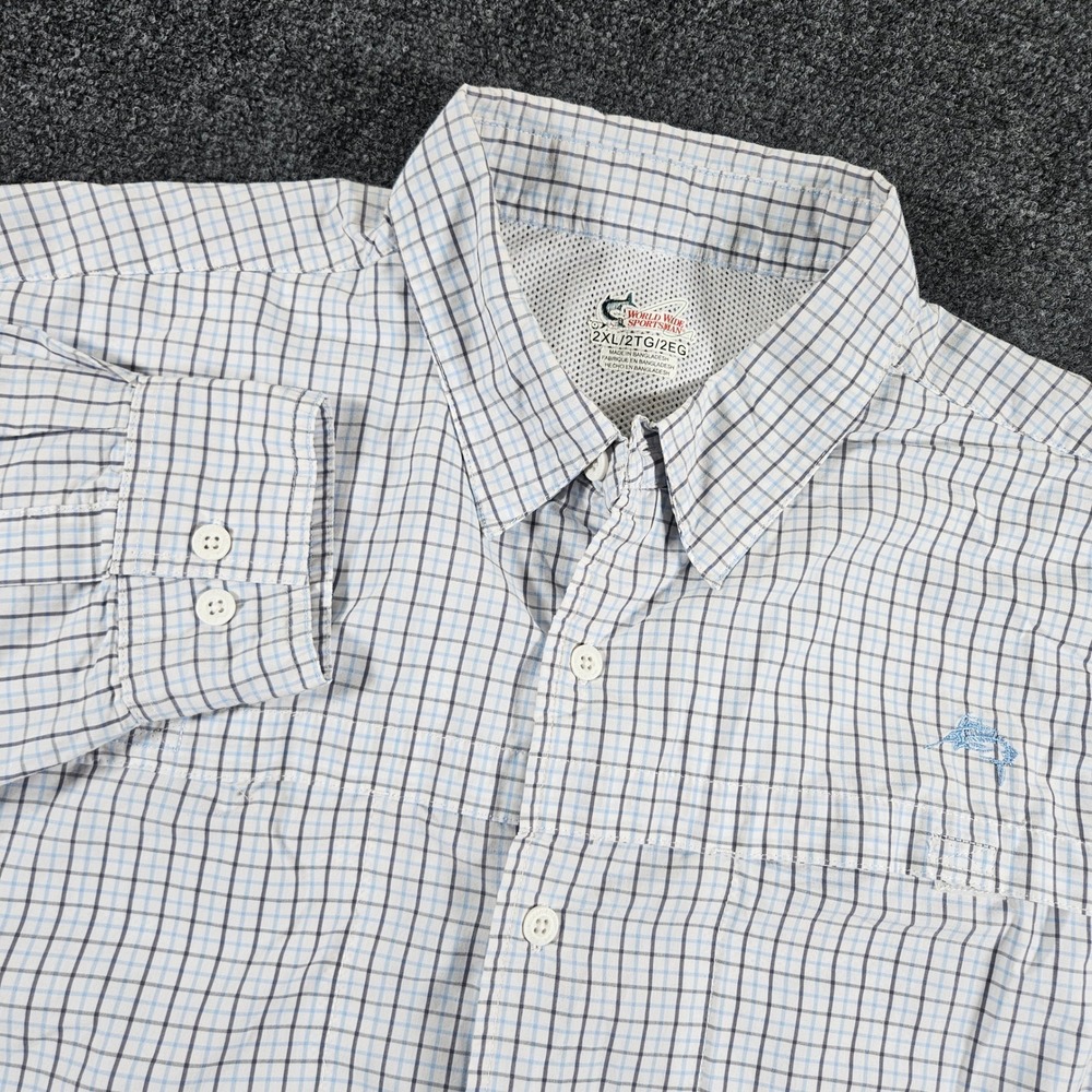 World Wide Sportsman Fishing Shirt Men 2XL Blue Plaid Ventilated Long Sleeve